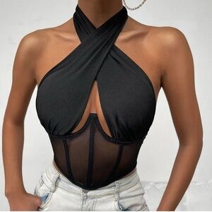Black Halter Mesh Women Top